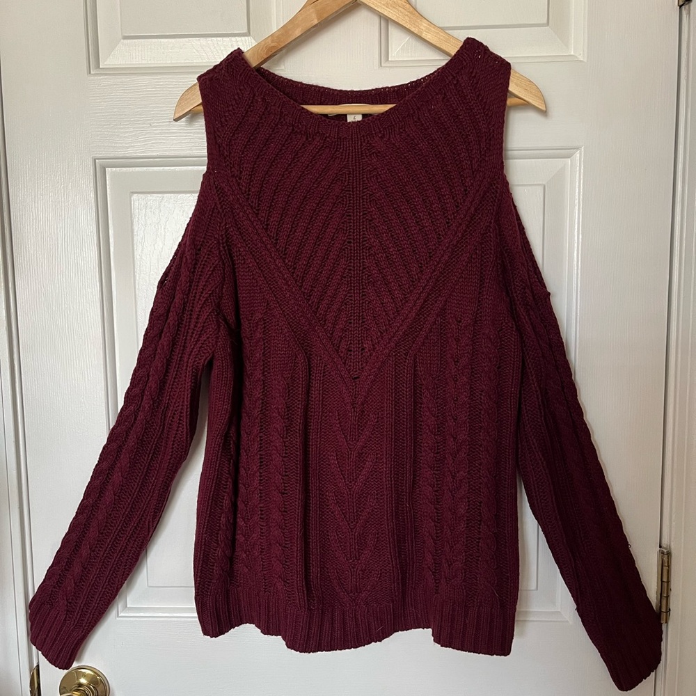 Women Miami Burgundy Thick Cable Knit Cold Shoulder Sweater Large